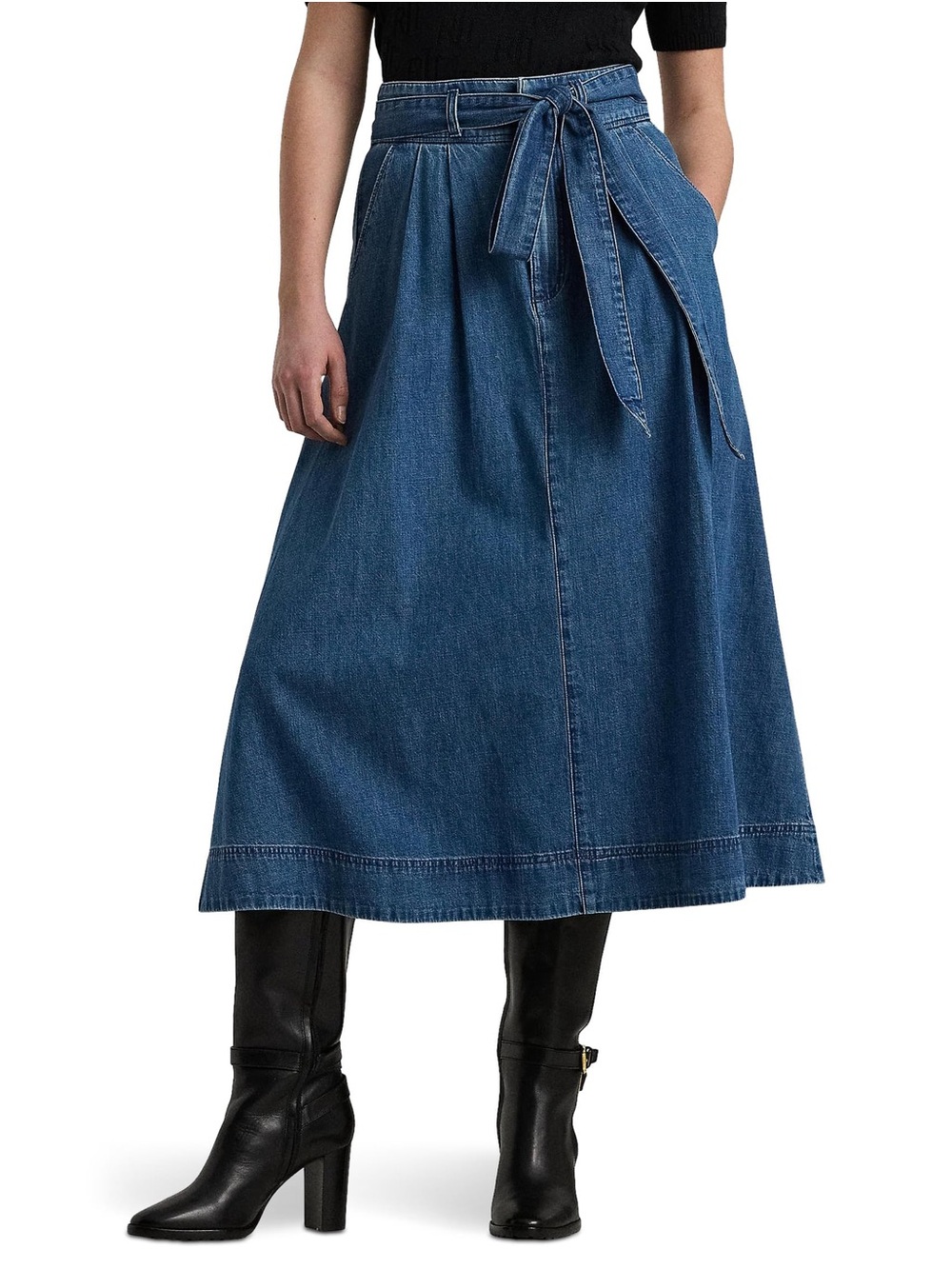 Lauren Ralph Lauren Womens Belted Denim Midi Skirt Stormee Wash size 2
